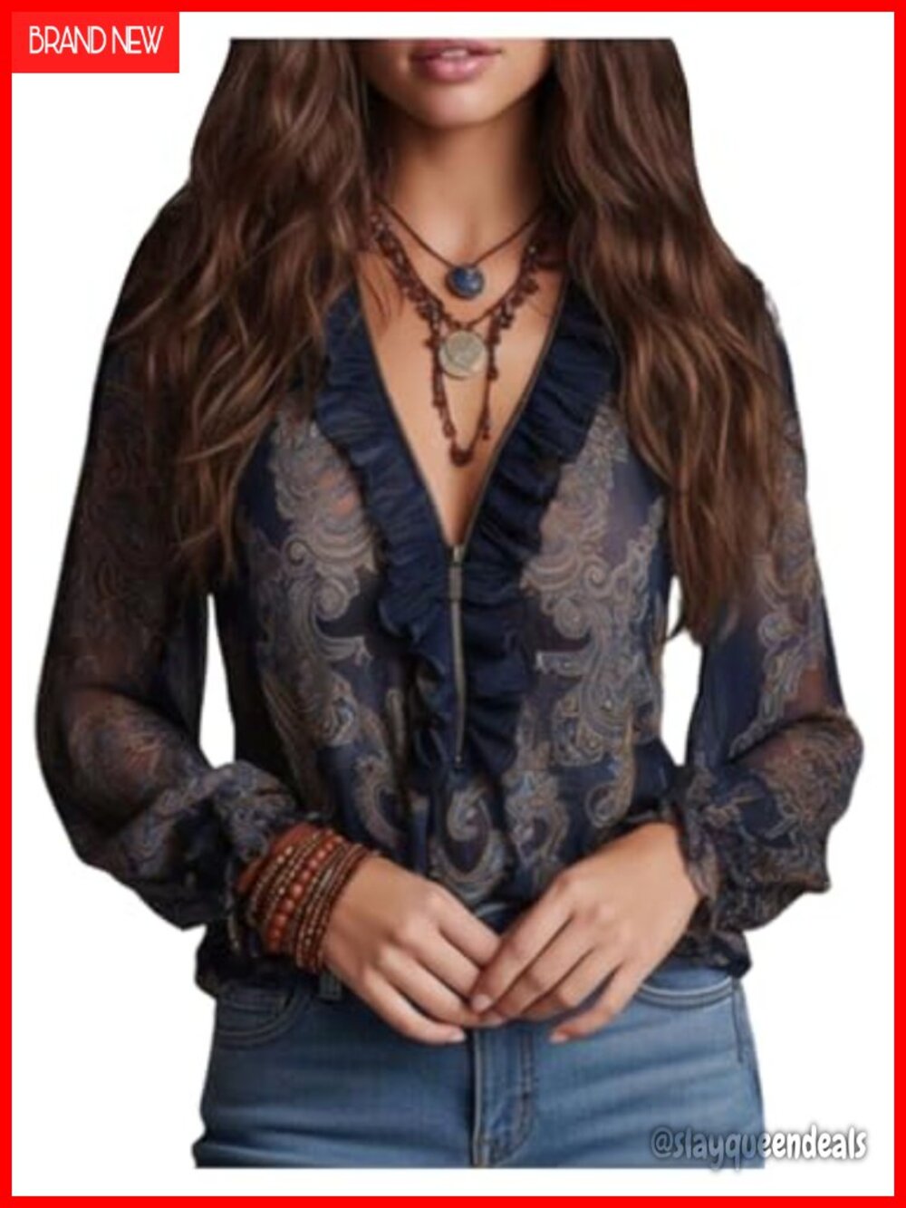 Paisley Print Zip Up Chiffon Blouse Ruffle Deep V Neck Boho Vintage Top Trendy